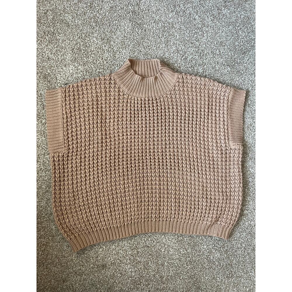 Chunky Knit Crop Sweater Vest Size L Tan Beige Mock Neck Sleeveless Pullover - Picture 1 of 6
